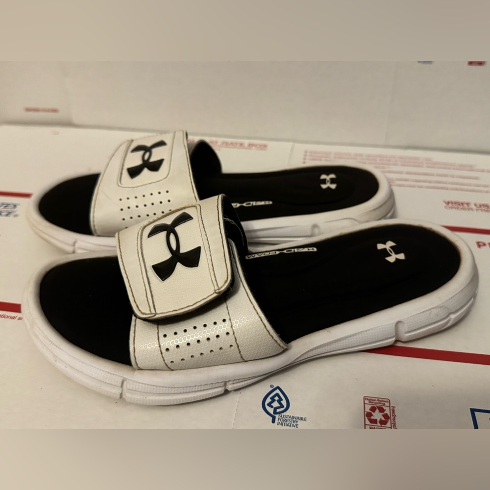 Under Armour Boys Slides Sandals Slip On 4D Foam Black White Youth Size 2